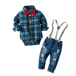 Fornecedor de fábrica original camisa xadrez conjuntos de roupas recém-nascida preço agradável 0-24 meses calças de suspensório conjuntos de roupas de criança