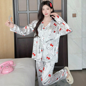 Dễ thương phim hoạt hình in cổ áo của phụ nữ dài tay áo hàng đầu và quần đặt thoải mái áo khoác ngoài Kiểu loungewear - Product Image 2