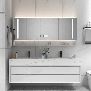Mobile Bagno Classico con Doppio Lavabo, Specchio LED, Top in Ceramica Effetto Marmo Resistente all'Acqua - Product Image 2