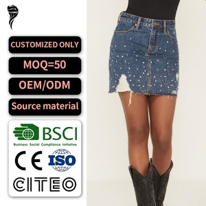 Falda vaquera mini de cintura alta con efecto desgastado y adornos, la más vendida, informal, de verano, para mujer - Product Image 1