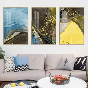 3 Pieces Abstract Blue Gold and Coffee painting and luxury wall art for room home decoration picture print on canvas posters