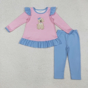 Conjunto de Ropa para Niña con Bordado de Perro y Rayas Rosas - Product Image 1