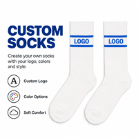 Chaussettes blanches personnalisées avec bordure rayée bleue et impression de texte, logo personnalisé, texte personnalisé et tissu tricoté de qualité supérieure