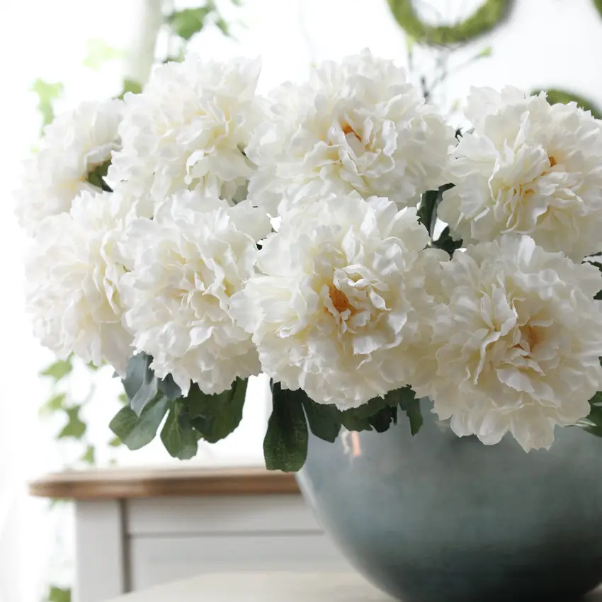 ขายส่งดอกไม้ผ้าไหมเดี่ยว Stem ดอกโบตั๋นสีขาวดอกไม้ตกแต่งบ้านงานแต่งงานดอกไม้ประดิษฐ์