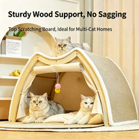 Grande tente pour chat, griffoir, maison, structure en bois robuste, lit-caverne spacieux pour chat avec boule de jeu suspendue