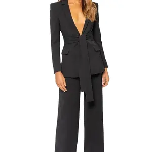 Fall 2021 new arrivals high quality deep V neck design women wide leg pants womens suits & tuxedo with belt