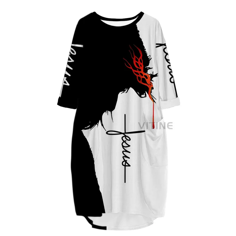 Toptan 3D baskı uzun Premium hıristiyan İsa çoban cep gevşek gündelik elbise yaz elbisesi Traf kadınlar için v111