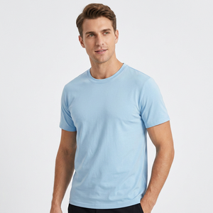 Camiseta de Algodón Azul Claro para Hombre, Manga Corta, Cuello Redondo, Corte Regular, Color Sólido Informal, Transpirable, Tejido de Punto Jersey - Product Image 1