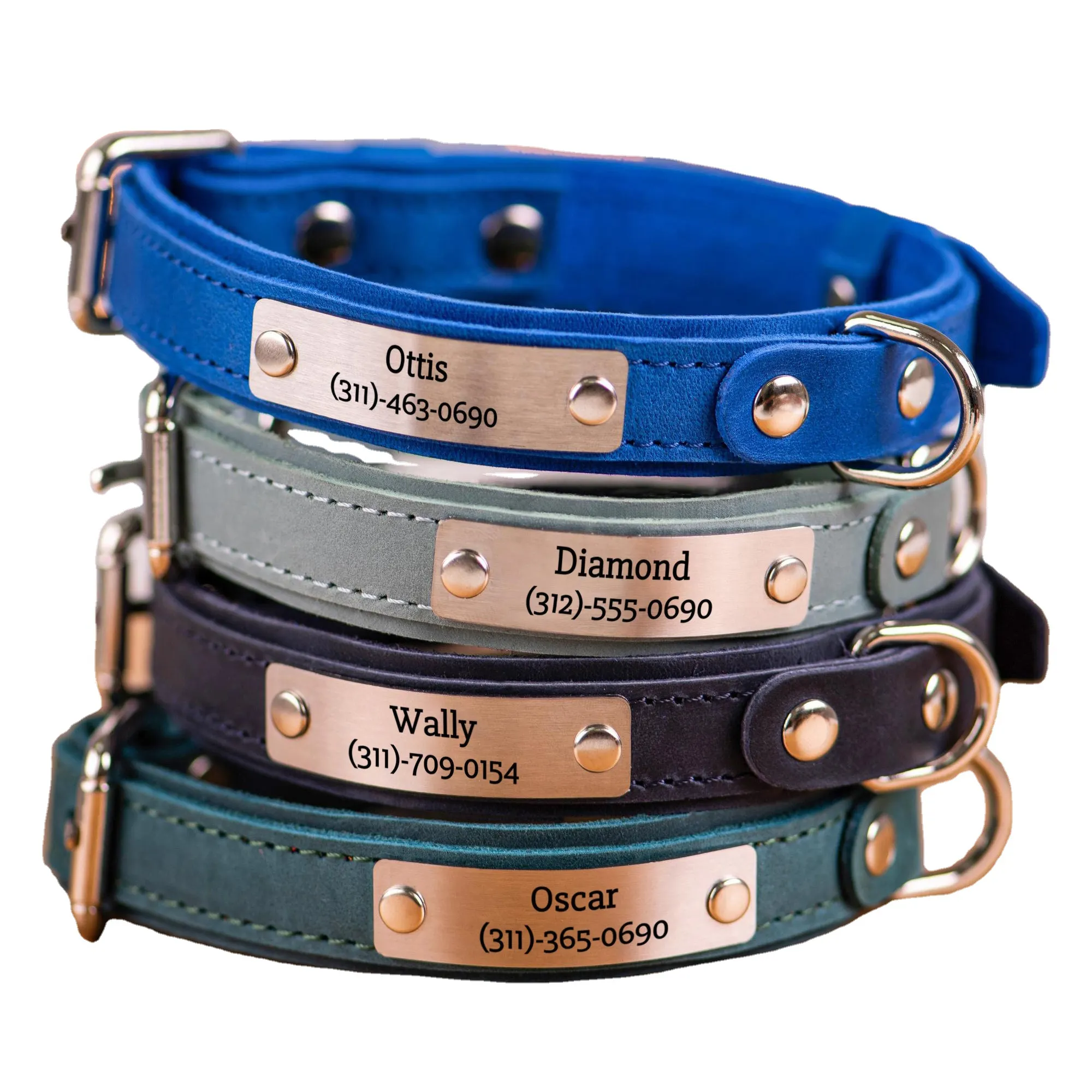 Custom Leather Pet Collar with Metal Name Plate Luxury Premium Genuine Leather Dog Collar