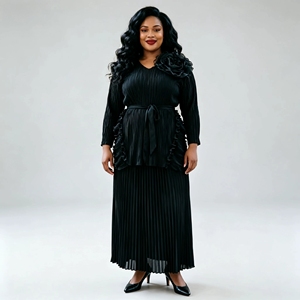 <span class=keywords><strong>Precio</strong></span> Directo <span class=keywords><strong>de</strong></span> Fábrica: Conjunto Plisado Miyake con Detalle <span class=keywords><strong>de</strong></span> Rosa 3D, Falda Peplum, Traje <span class=keywords><strong>de</strong></span> Talla Grande, Ropa <span class=keywords><strong>de</strong></span> Lujo Modesta para Otoño - Product Image 2