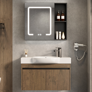 Mobile Bagno Sospeso in Alluminio con Finitura in Legno di Noce, Doppio Armadietto con Specchio LED Retroilluminato e Lavabo in Ceramica Bianca - Product Image 2