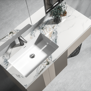 <span class=keywords><strong>Meuble</strong></span>-lavabo mural gain de place aux proportions équilibrées, avec panneau cannelé et étagères ouvertes, en tons neutres - Product Image 6