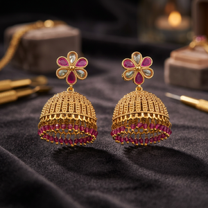Boucles d'oreilles Jhumki en zircon pour femmes, faites à la main, plaquées or, sans nickel ni plomb, 10 grammes, Inde 233093 - Product Image 2