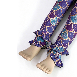 Leggings pour filles en soie de lait imprimé écailles de sirène OEM ODM, avec ourlet à volants, pantalon extensible pour tout-petits et enfants - Product Image 4
