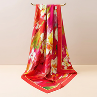 Écharpe carrée en soie de mûrier de qualité 6A, finition brillante, motif floral impressionniste rouge vif, faible MOQ
