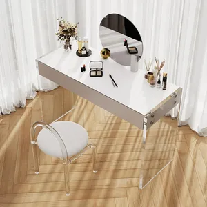 Wholesale Elegant White Lucite Vanity Makeup Table Acrylic Dressing Table With Drawer and Mirror