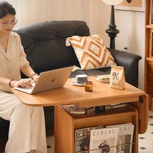 Table basse pliante en bois massif avec rangement et roulettes pour salon, usage domestique, chariot multifonctionnel, table à thé - Product Image 3