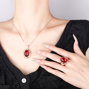 High Quality Eco-friendly Copper 13*18mm Blood Red Zircon Matte Surface Vintage Bridal Rose Gold Plated Jewelry <b>Set</b> for Women - Product Image 6