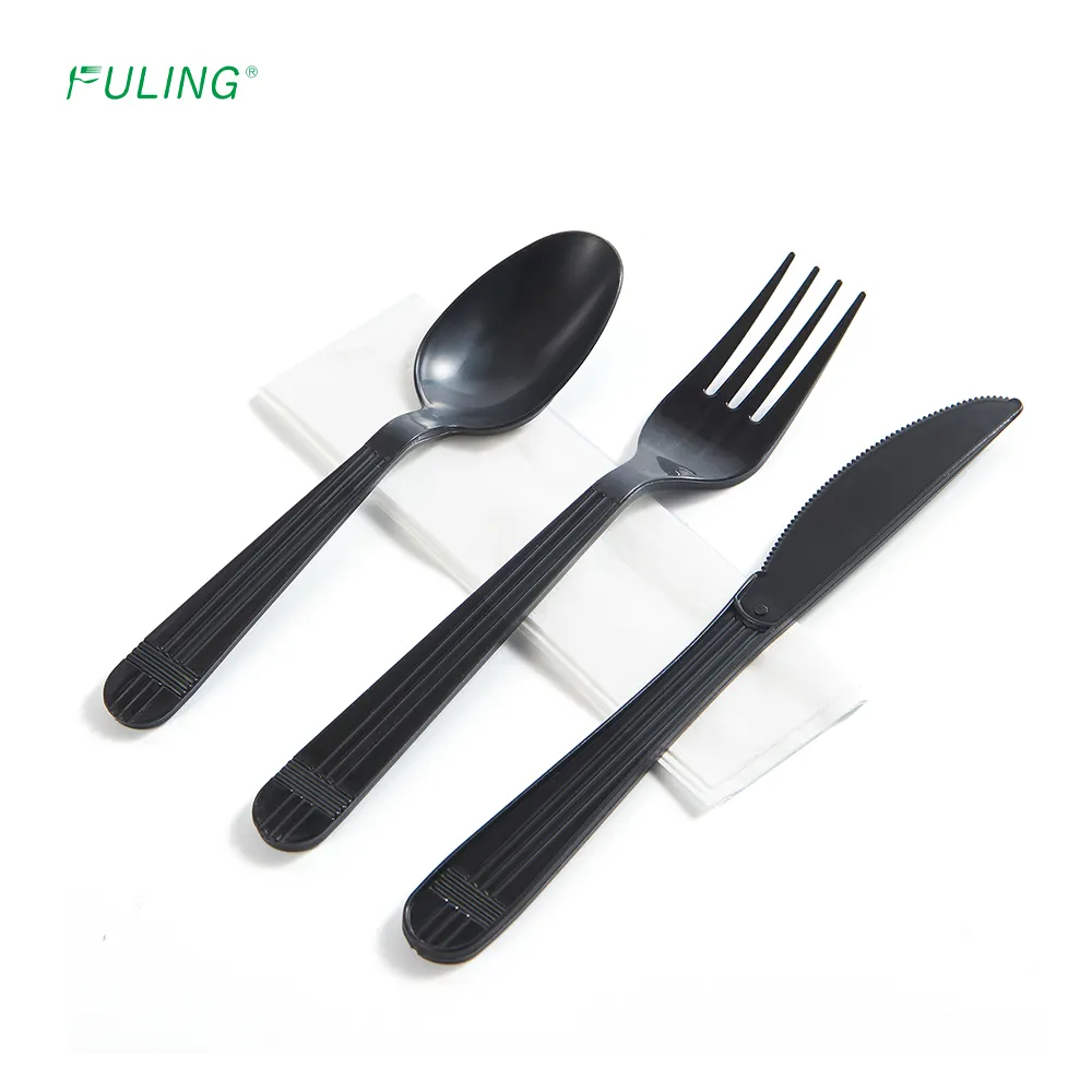Fuling 4 In1 Heavy Weight PP Knife Spoon and Fork Set Wrapped Black Plastic Disposable Cutlery With Napkins