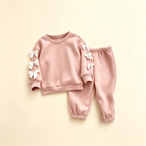 Conjunto Deportivo de Dos Piezas para Niñas con Diseño de Manga con Lazo, Sudadera Larga y Pantalones Deportivos, Ropa de Otoño y Primavera, Directo de Fábrica - Product Image 2