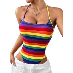 Body de mujer con rayas arcoíris, estilo halter, sin mangas, sin espalda, elástico, top Pride - Product Image 1