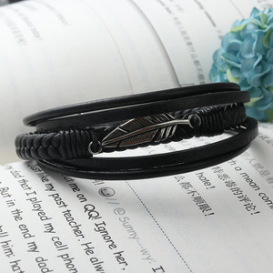 Tibetan Silver Feather <b>Leather</b> <b>Bracelet</b> Black Titanium Steel Woven Round Charm <b>Bracelet</b> Fashion Jewelry - Product Image 2