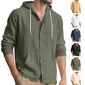 Cárdigan con Capucha de Manga Larga para Hombre, Estilo Europeo, Color Sólido, Algodón y Lino, Casual, Transpirable, con Botones y Dobladillo Redondo - Product Image 3
