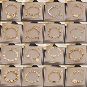 Finetoo Charm Stainless Steel Layered Chain Bracelet Gold Zircon Bowknot Heart Cross Eye Clover Bracelets for Women Girls