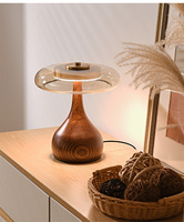 Lampe de table en bois de style japonais moderne du milieu du siècle avec abat-jour en verre - LED flexible simple à intensité variable, spectre complet CRI 90 pour salon