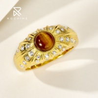 Bague Rochime en argent sterling 925 plaqué or 18 carats avec pierre œil de tigre vintage, finition brossée, bijoux pour femmes