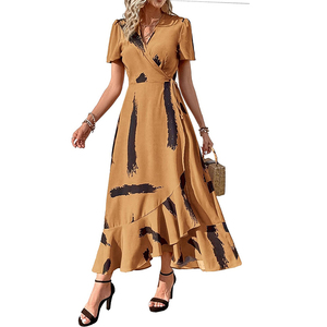 <span class=keywords><strong>Maxi</strong></span> abito da donna con stampa estiva bohémien Casual Boho floreale con scollo a V manica corta con motivo a volant abiti lunghi da spiaggia - Product Image 1