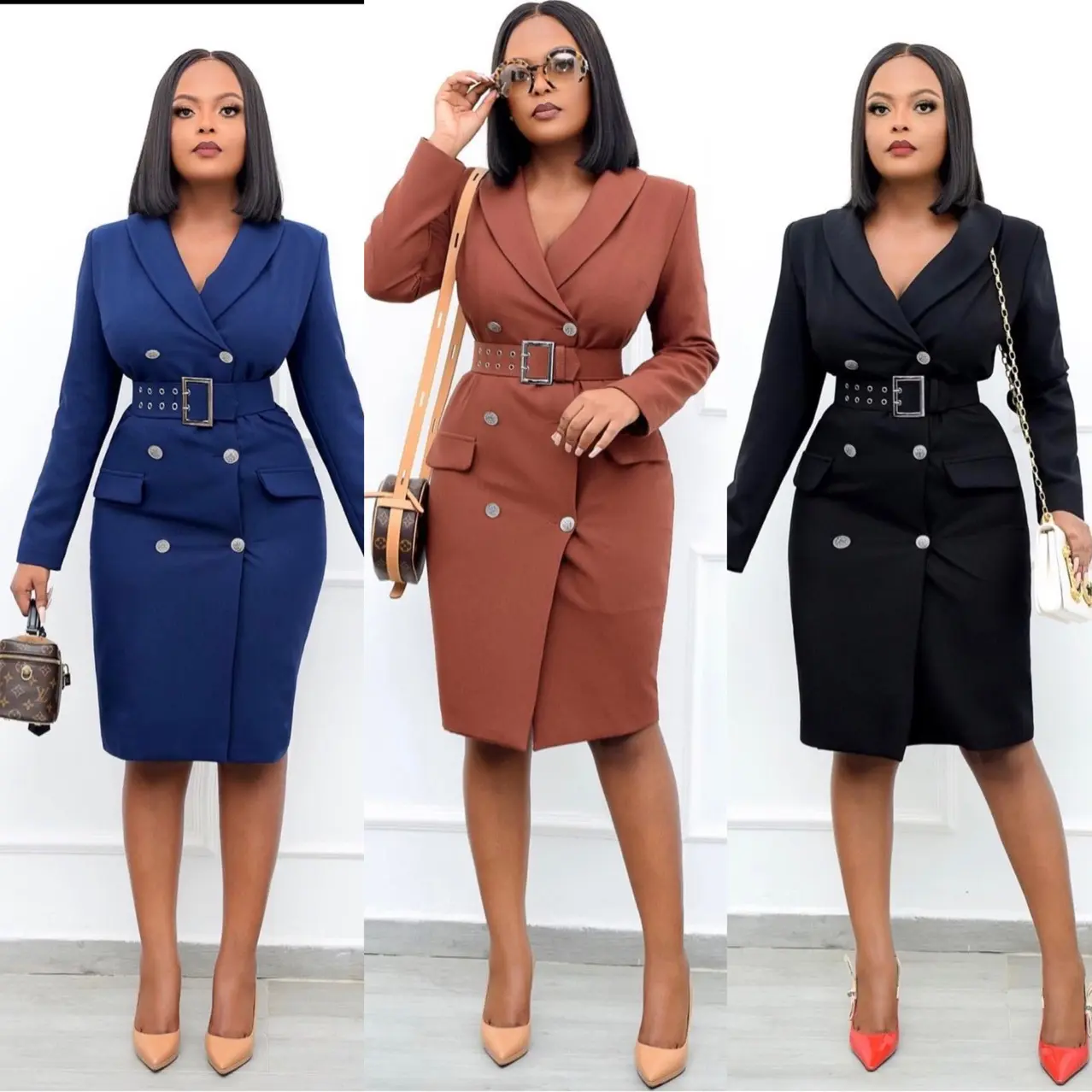 Good Quality Women Brown Blazer Jacket Dress Formal Office Dresses
