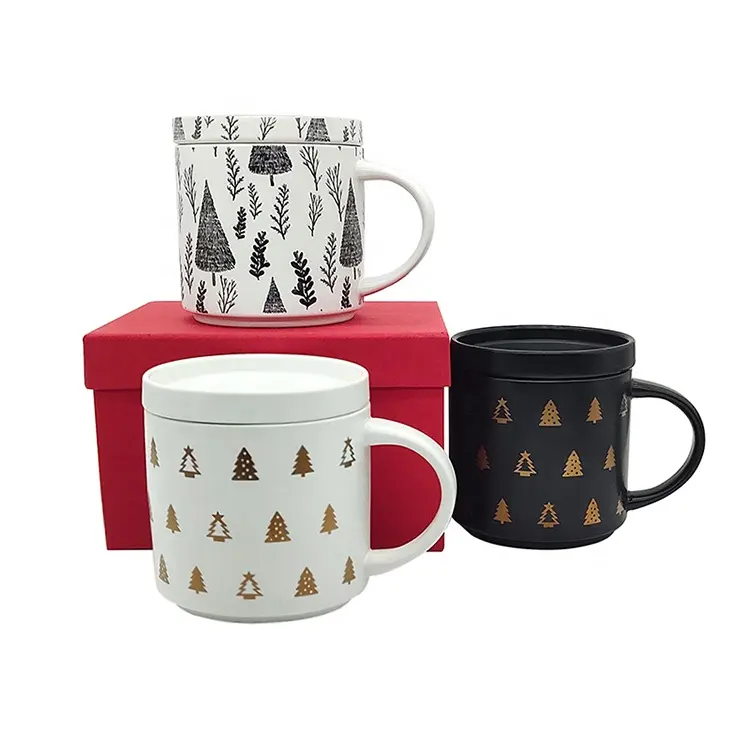Calcomanía de árbol de Navidad dorado, taza de té de cerámica apilable de lujo, tazas de café de porcelana con tapa de caja de regalo