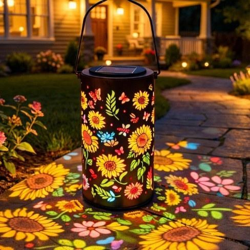Solar Sunflower Projection Hanging Lantern - LED Colorful Floral Pattern Light for Garden Yard Patio Pathway Decor