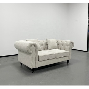PZCN HOME Elegant Button Tufted 2 Seater Sofa Light <strong>Grey</strong> Linen Fabric <strong>Loveseat</strong> With Rolled Arm Nailhead Trim Bedroom Furniture - Product Image 3