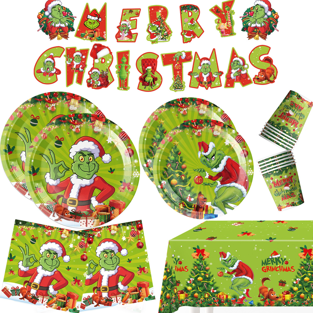 Vajilla Desechable De Fiesta Navideña Grinch - 40 Piezas Para 10 Personas, Incluye Platos, Vasos Y Servilletas De Papel