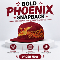 Gorra de Béisbol de Algodón Grueso con Visera Plana, Degradado Completo en Dorado y Rojo, Bordado de Fénix, Estilo Urbano Hip Hop