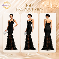 Robe noire pour femme avec jupe longue, jupe en mousseline de soie en forme de A, robe de cocktail.