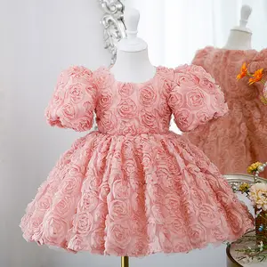 2023 Summer Flower Girl Bridesmaid Dress Rose Pattern Design Kid Evening Dress for Party Pink Princess Birthday Dress Girls Gown