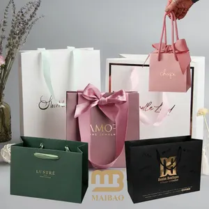 Boutique Clothing Jewelry Luxury Retail Customised Your Logo Gift Small Carry Paper Shopping Bags With Bow Tie Ribbon Handle