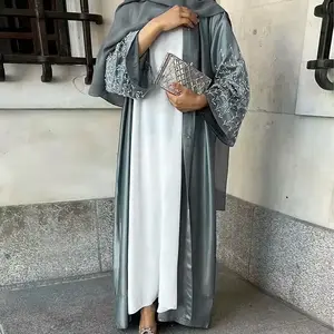 جديد كيمونو عباية مفتوحة دبي ساتان مع حبات مصنوعة يدوياً جيوب ملابس إسلامية مورد بالجملة لليد رمضان فستان إسلامي نسائي