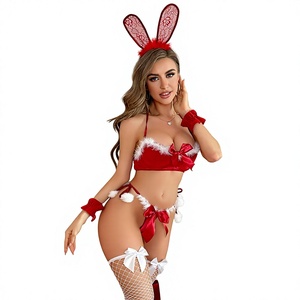 Ensemble de lingerie en satin rouge de Noël, combinaison de cosplay Père Noël avec garniture en fourrure, <span class=keywords><strong>porte</strong></span>-jarretelles et bas résille, demi-jupe ODM - Product Image 1