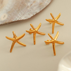 Starfish <b>Stud</b> Earrings 18K Gold Plated <b>Titanium</b> Steel Ocean Theme Women's Fashion Jewelry - Product Image 2