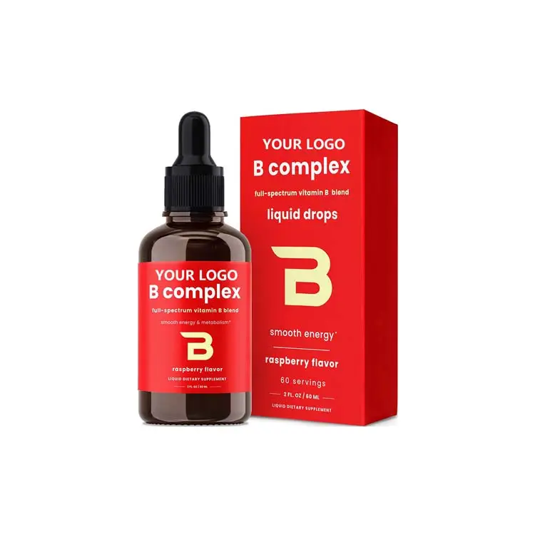 Sıcak satış OEM Vitamin B kompleksi sıvı damla takviyesi B1 B2 B3 B6 B7 B9 ve yetişkinler ve çocuklar için metil B12 damlalar