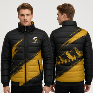 Chaqueta Acolchada Storm Fit para Hombre, Negra y Amarilla, Cuello Alto, Cierre de Cremallera, Resistente al Viento, Diseño Deportivo Estampado, Corte Regular - Product Image 1