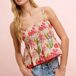 कस्टम थोक महिला पुष्प प्रिंट स्मॉक टैंक शीर्ष बोहो ग्रीष्मकालीन स्पेगेटी स्ट्रैप पेपलम शीर्ष - Product Image 1
