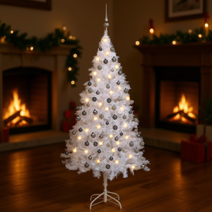 Árbol de Navidad Artificial de PVC Blanco de 59.1 Pulgadas Preiluminado con Juego de Bolas, Luces LED Cálidas, Base para Interior - Product Image 2