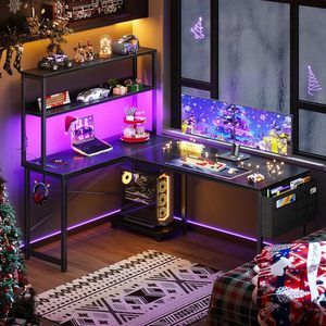 <span class=keywords><strong>Bureau</strong></span> de jeu en forme de L réversible RGB avec éclairage <span class=keywords><strong>LED</strong></span> et étagères de rangement - Product Image 6