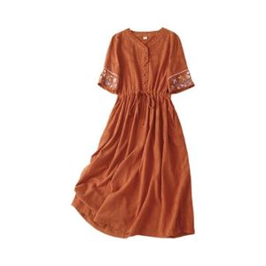 Women's Embroidered Cotton Linen <b>Dress</b> V-Neck Short Sleeve <b>Elastic</b> Waist Loose Fit Daily Wear Orange - Product Image 5