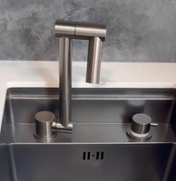 Keran dapur Stainless Steel 304 2 lubang, keran dapur pegangan tunggal, keran tarik, pemasangan pada dek, hitam, sentuhan akhir 3 tahun